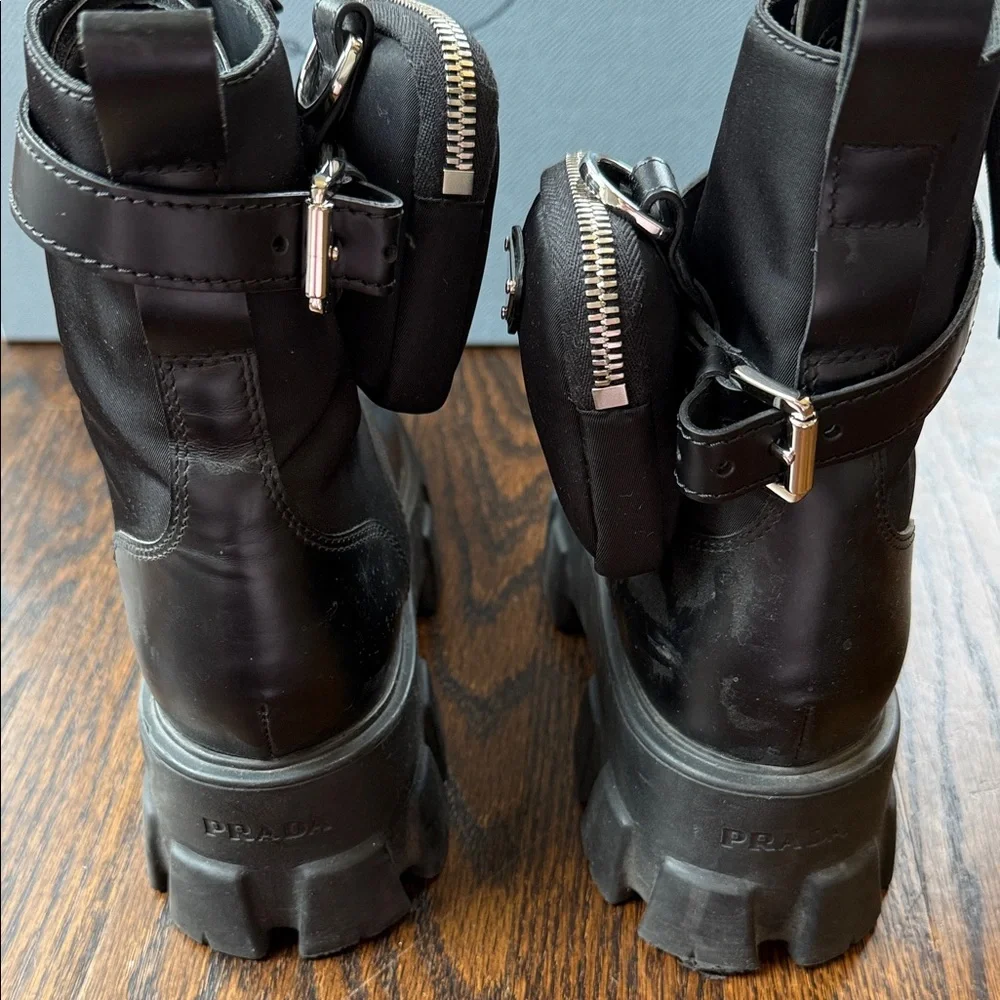 Prada Black Leather Lug-Sole Combat Boots with Detachable Mini Pouch - Picture 15 of 16